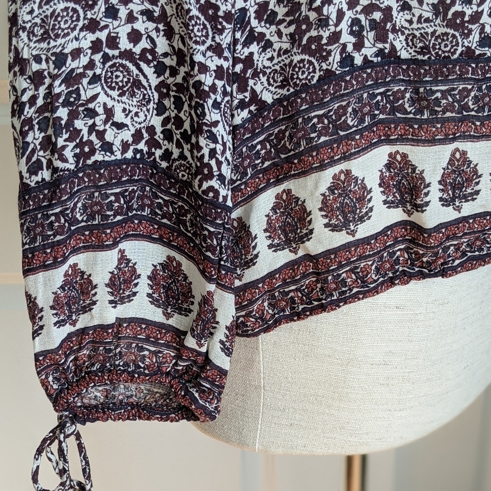 Lucky Brand Blouse Peasant Paisley Floral Print Long Sleeve Burgundy Navy L NWT - Picture 6 of 11